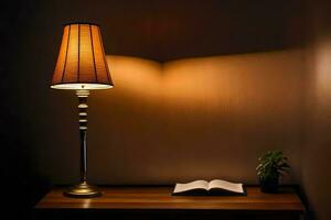 une lampe sur une table suivant à une livre. généré par ai photo