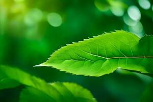 une proche en haut de une vert feuille. généré par ai photo