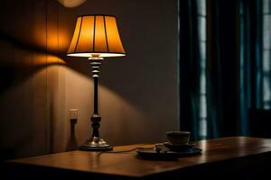 une lampe sur une table dans une foncé chambre. généré par ai photo