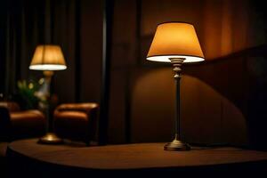 une table lampe et une chaise dans une foncé chambre. généré par ai photo