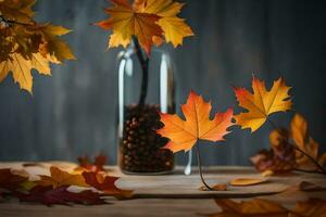 l'automne feuilles dans une vase sur une tableau. généré par ai photo