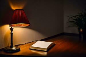 une livre et lampe sur une table dans le sombre. généré par ai photo