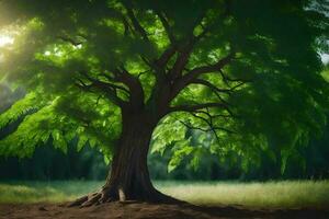 une arbre est montré dans le lumière du soleil avec le Soleil brillant à travers. généré par ai photo