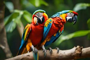 deux coloré perroquets séance sur une branche. généré par ai photo