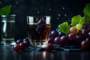 une verre de du vin et les raisins sur une foncé tableau. généré par ai photo