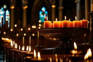 bougies sont allumé dans une église avec bougies. généré par ai photo