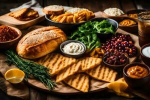 une plat de nourriture avec pain, fromage, et autre ingrédients. généré par ai photo