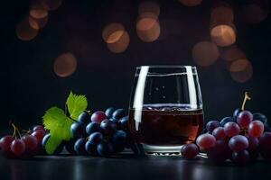 les raisins et une verre de du vin sur une foncé Contexte. généré par ai photo