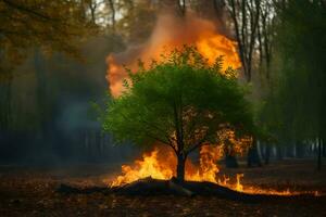 une arbre est brûlant dans le milieu de une forêt. généré par ai photo