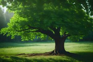 une arbre dans une champ avec vert feuilles. généré par ai photo