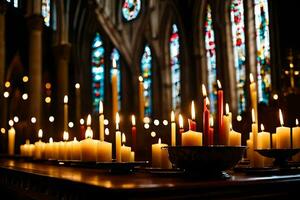 bougies sont allumé dans une église avec coloré verre les fenêtres. généré par ai photo