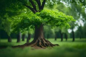 une arbre avec les racines dans le milieu de une vert champ. généré par ai photo