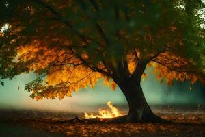 une arbre avec flammes et feuilles dans le Contexte. généré par ai photo