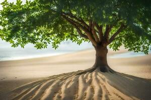 une arbre avec ses les racines dans le sable. généré par ai photo