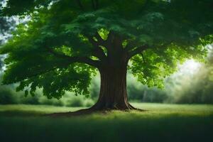 une grand arbre dans le milieu de une champ. généré par ai photo