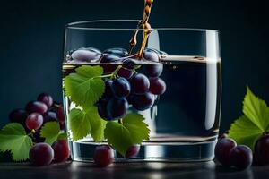 une verre de l'eau avec les raisins et feuilles. généré par ai photo