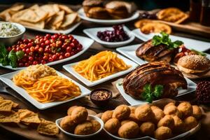 une table avec divers nourriture comprenant Viande, fromage, pain et autre collations. généré par ai photo
