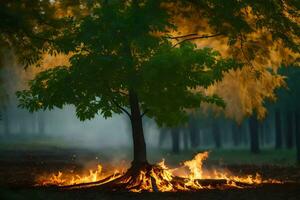 une arbre avec flammes et fumée à venir de il. généré par ai photo