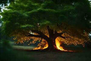 une grand arbre avec flammes à venir en dehors de il. généré par ai photo