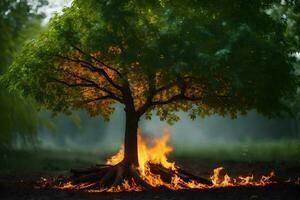 une arbre avec flammes à venir en dehors de il. généré par ai photo