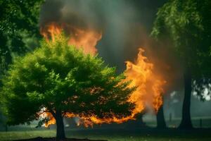 une arbre est brûlant dans le herbe. généré par ai photo