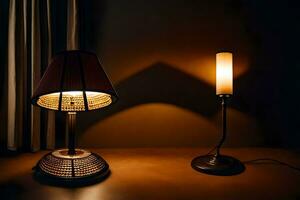 une lampe et une table lampe dans le sombre. généré par ai photo