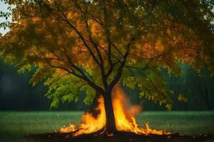 une arbre avec flammes à venir en dehors de il dans le milieu de une champ. généré par ai photo