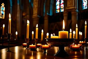 bougies sont allumé dans une église avec bougies dans le Contexte. généré par ai photo