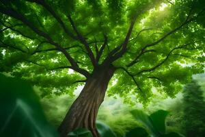 une grand arbre dans le milieu de une vert forêt. généré par ai photo