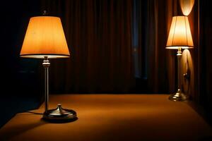 deux les lampes sur une table dans une foncé chambre. généré par ai photo
