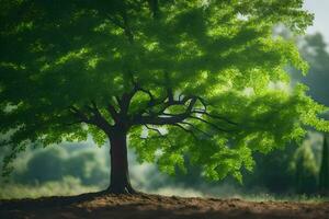 une arbre est montré dans le milieu de une champ. généré par ai photo