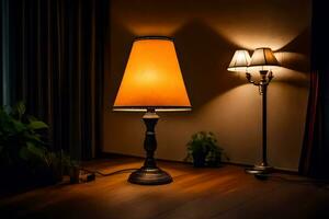 une lampe est sur une table dans une foncé chambre. généré par ai photo