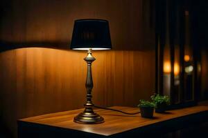 une lampe sur une table dans une foncé chambre. généré par ai photo