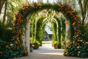 un arcade avec Orange et Jaune fleurs. généré par ai photo