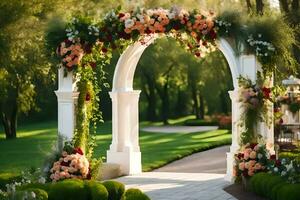 une mariage arcade avec fleurs et verdure. généré par ai photo