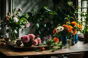 fleurs dans des vases sur une en bois tableau. généré par ai photo