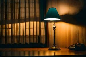 une lampe est séance sur une table dans de face de une la fenêtre. généré par ai photo