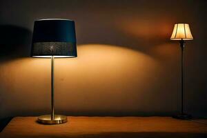 une lampe sur une table suivant à une lampe. généré par ai photo