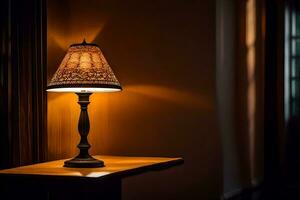 une lampe sur une table dans une foncé chambre. généré par ai photo