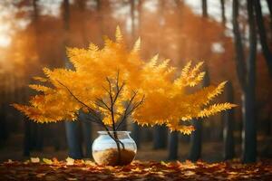 l'automne feuilles dans une vase sur le sol dans le forêt. généré par ai photo