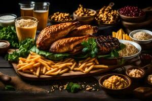 grillé poulet, frites et autre nourriture sur une en bois tableau. généré par ai photo