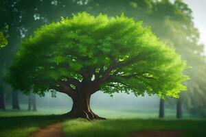 une arbre est permanent dans le milieu de une vert champ. généré par ai photo