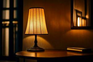 une table lampe est sur une table dans une foncé chambre. généré par ai photo