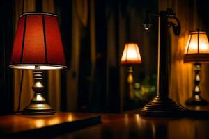 une rouge lampe sur une table dans de face de une la fenêtre. généré par ai photo