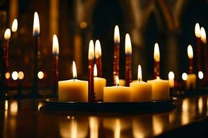 bougies sont allumé dans une église à nuit. généré par ai photo