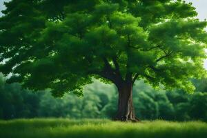 une grand arbre dans le milieu de une vert champ. généré par ai photo