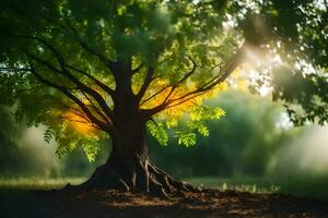 une arbre avec lumière du soleil brillant par il. généré par ai photo