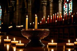 bougies sont allumé dans une église avec une bol de l'eau. généré par ai photo