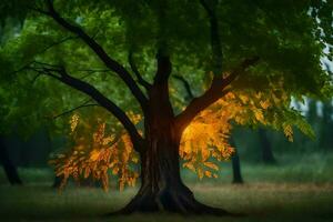 photo fond d'écran le ciel, des arbres, herbe, le forêt, le arbre, le lumière, le. généré par ai