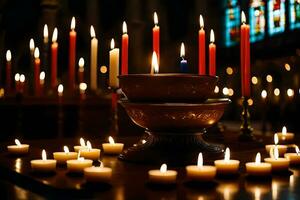 bougies sont allumé dans de face de une église autel. généré par ai photo